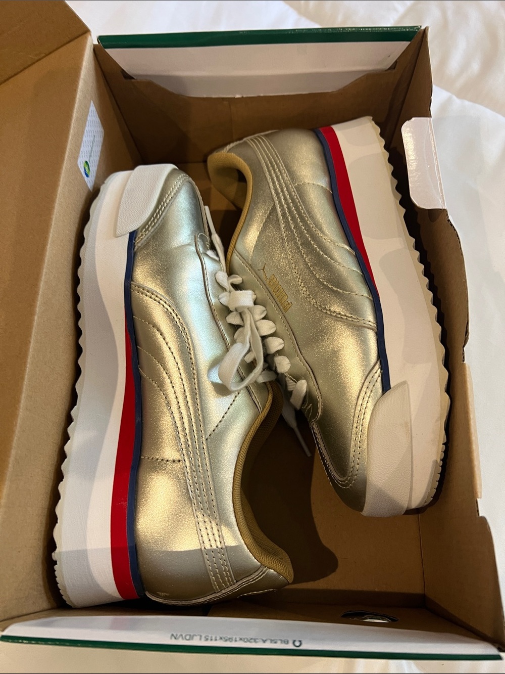 Puma Metallic Gold Retro Runner with Red & Blue Accents. LIMITED EDITION.
